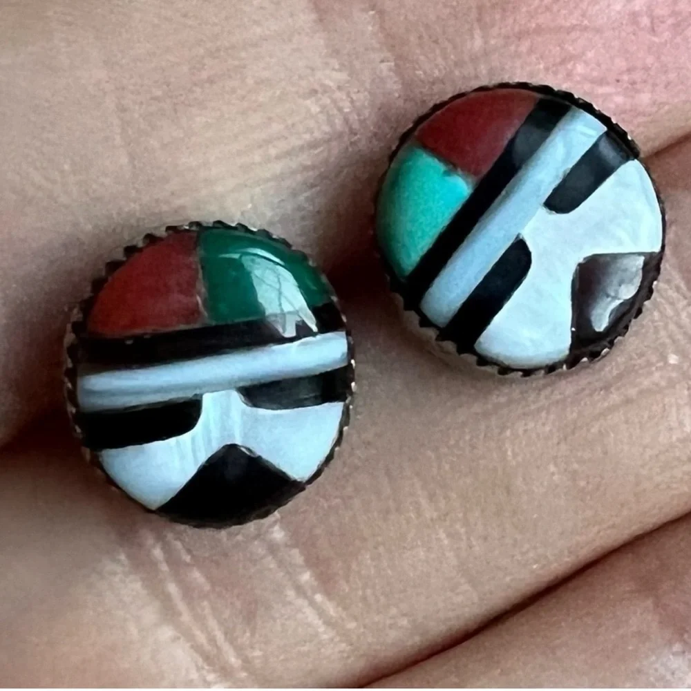 Vintage Native American Zuni Sun God Silver Inlay Stone Earrings